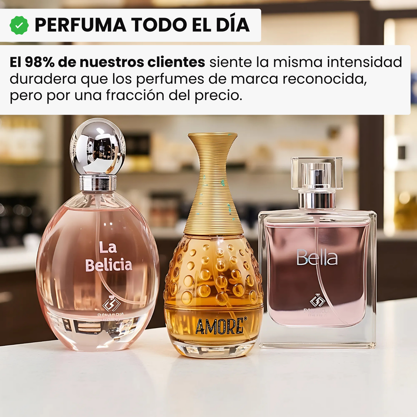 Combo de 3 perfumes inspiración: Paco Rabanne OLYMPÉA, Dior J’ADORE y Lancôme LA VIE EST BELLE – 100ml